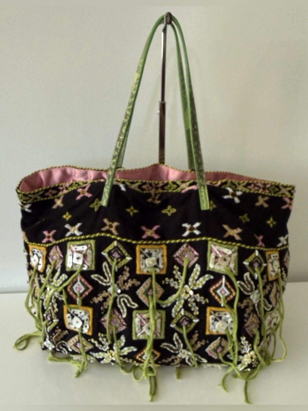 FENDI Vintage Embroidered Beaded Canvas Tote Bag Handbag Black/Multicolor